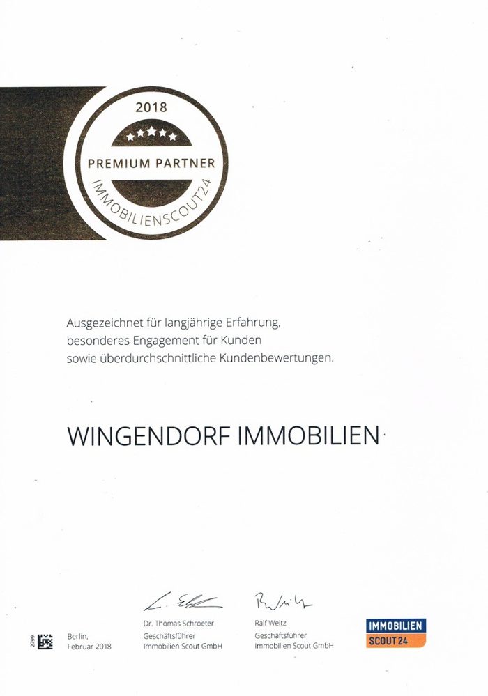 Urkunde ImmobilienScout24 Premium Partner 2018 für Wingendorf Immobilien