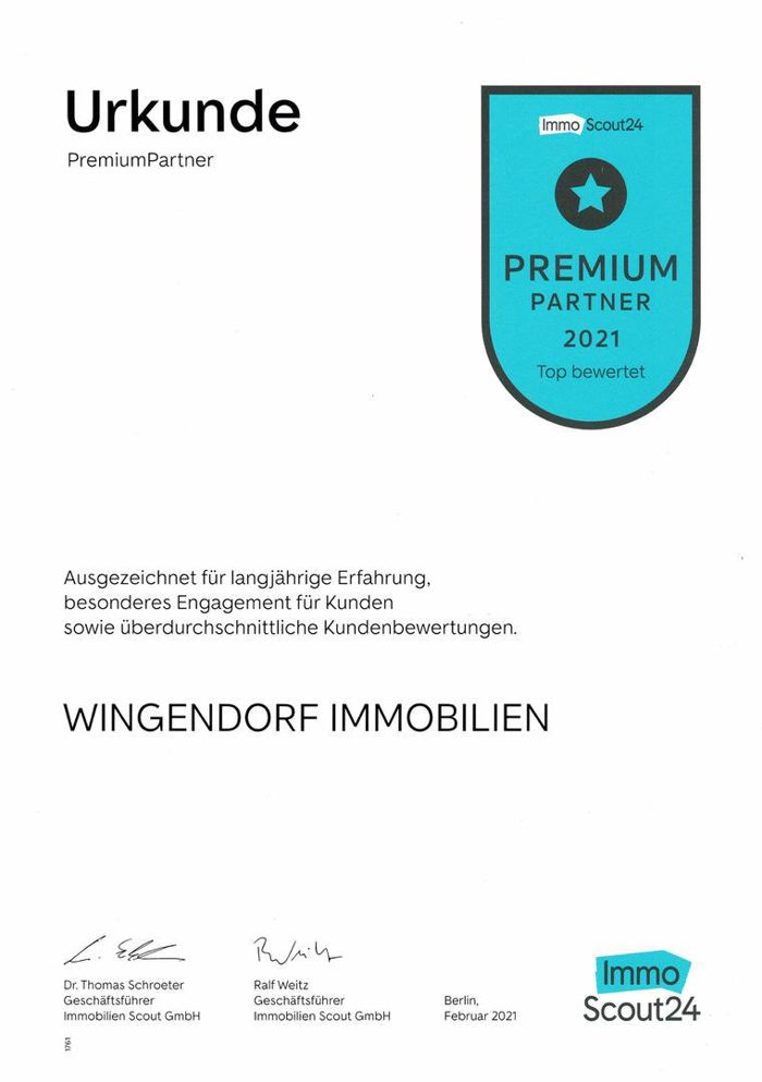 Urkunde ImmobilienScout24 Premium Partner 2021 für Wingendorf Immobilien